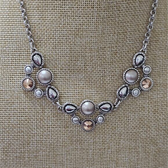 Brighton Pastille Jeweled Collar Bibb Gold Pearl and Silver Necklace New - Picture 10 of 10